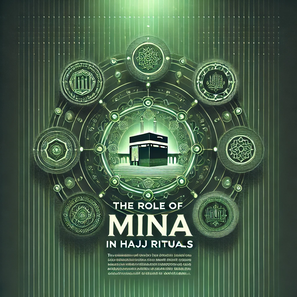 Abstract artistic representation of Mina in Hajj rituals with a green-themed background and the title "The Role of Mina in Hajj Rituals" prominently displayed.